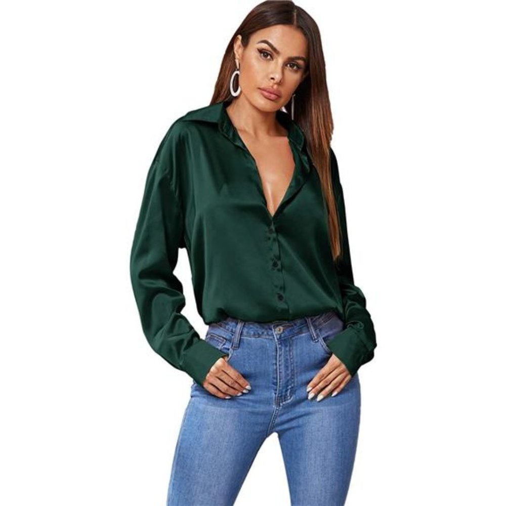 HOT Satin Silk Long Sleeve Blouse Button Down Shirt Casual Top, Green
